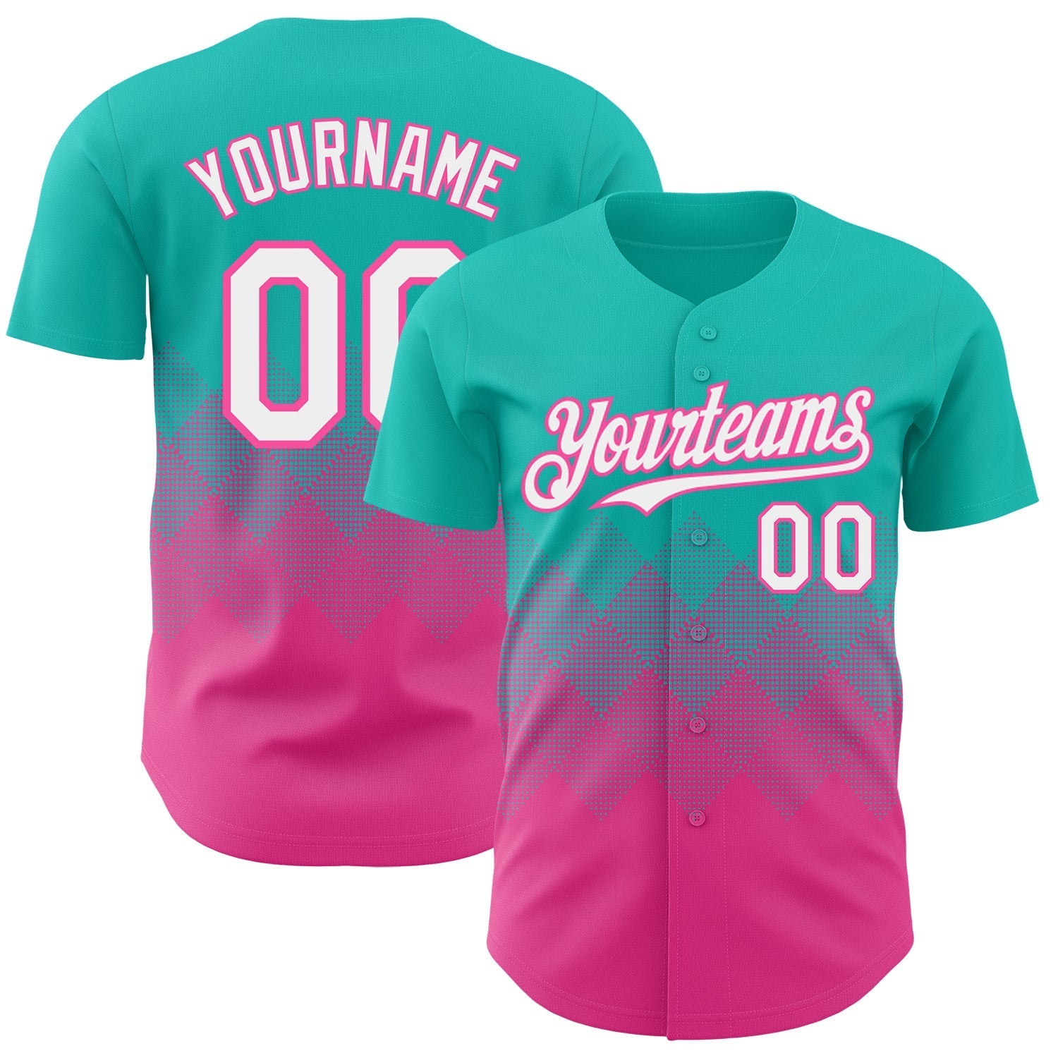 Custom Aqua White-Pink 3D Gradient Square Shape Authentic Baseball Jersey baseball jersey product view 1