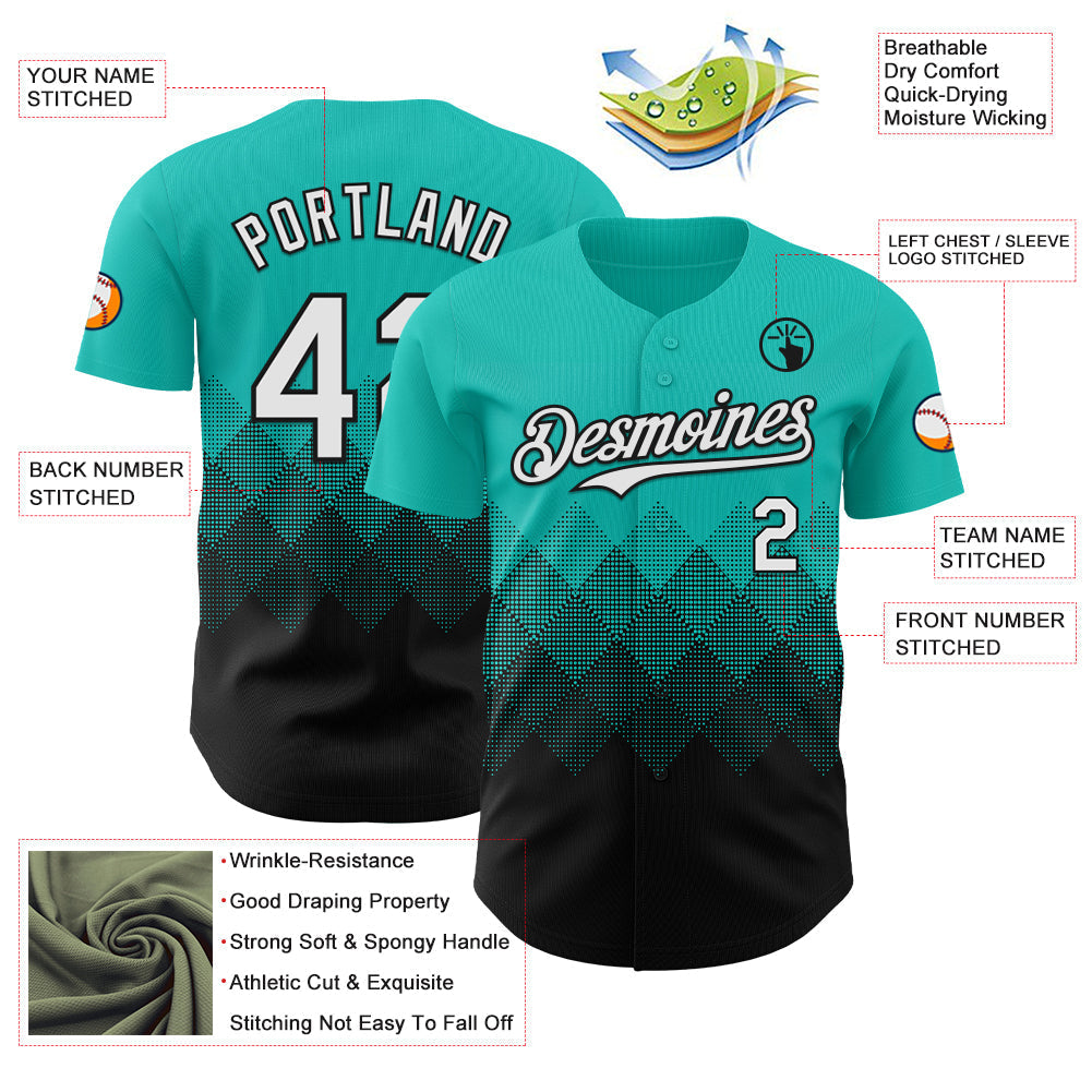 Custom Aqua White-Black 3D Gradient Square Shape Authentic Baseball Jersey baseball jersey product view 3