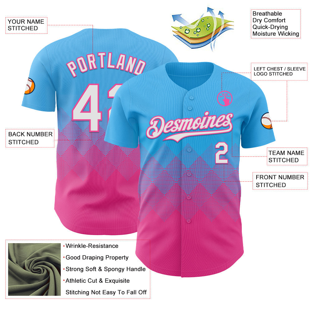 Custom Sky Blue White-Pink 3D Gradient Square Shape Authentic Baseball Jersey baseball jersey product view 3