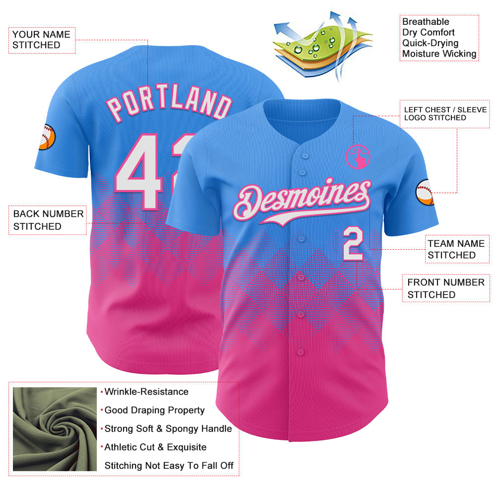 Custom Electric Blue White-Pink 3D Gradient Square Shape Authentic Baseball Jersey baseball jersey product view 3