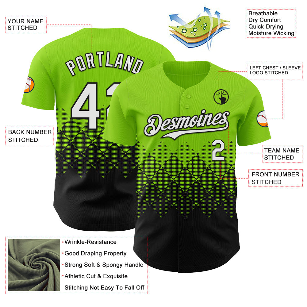 Custom Neon Green White-Black 3D Gradient Square Shape Authentic Baseball Jersey baseball jersey product view 3