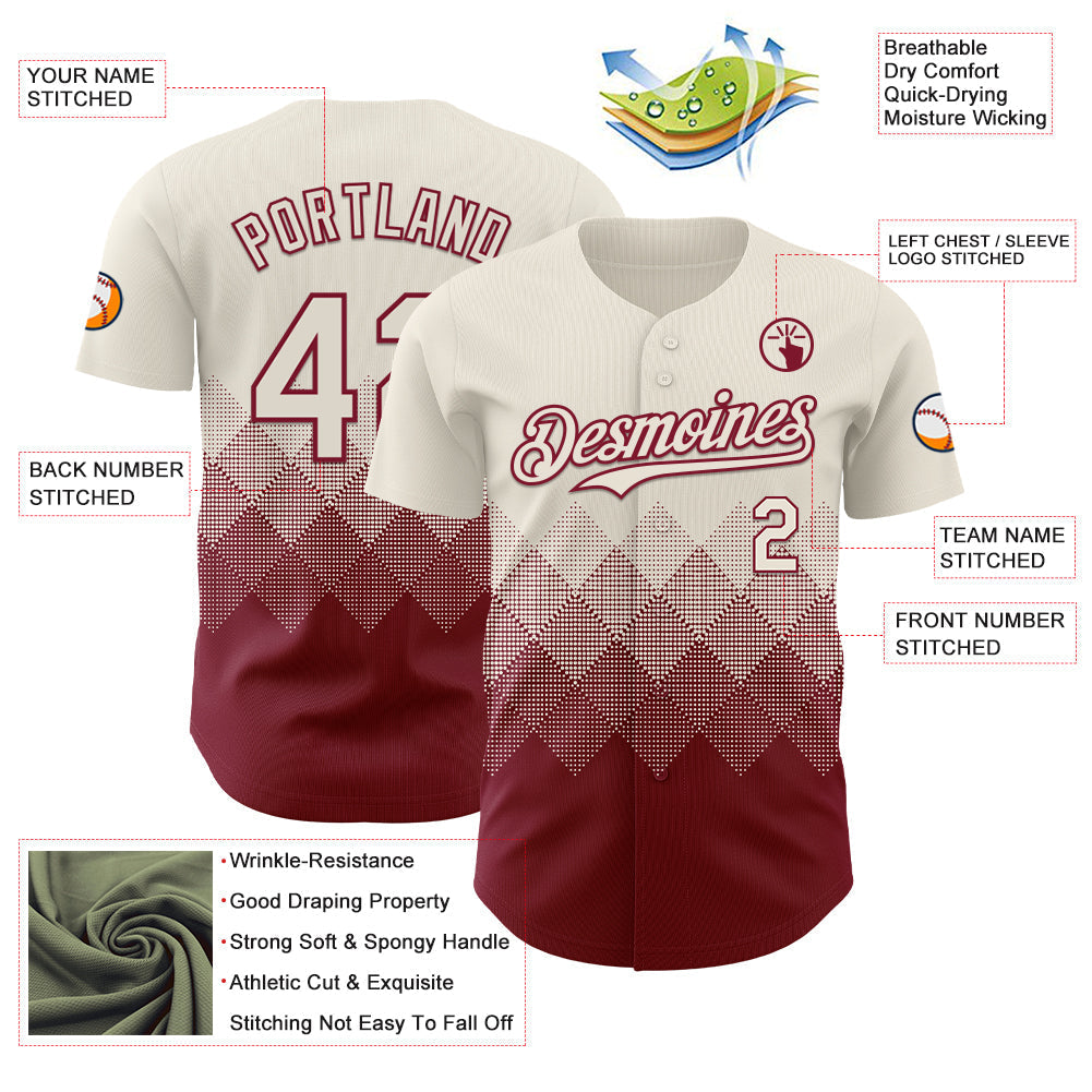 Custom Cream Crimson 3D Gradient Square Shape Authentic Baseball Jersey baseball jersey product view 3