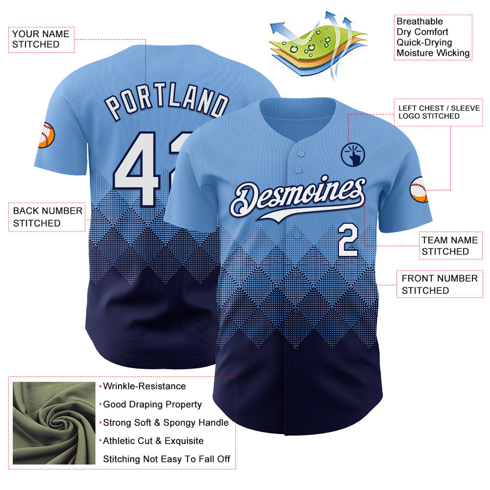 Custom Light Blue White-Navy 3D Gradient Square Shape Authentic Baseball Jersey baseball jersey product view 3