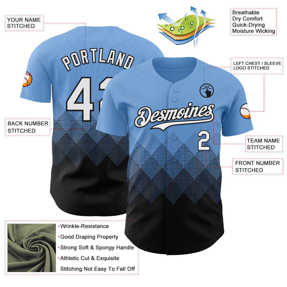 Custom Light Blue White-Black 3D Gradient Square Shape Authentic Baseball Jersey baseball jersey product view 3