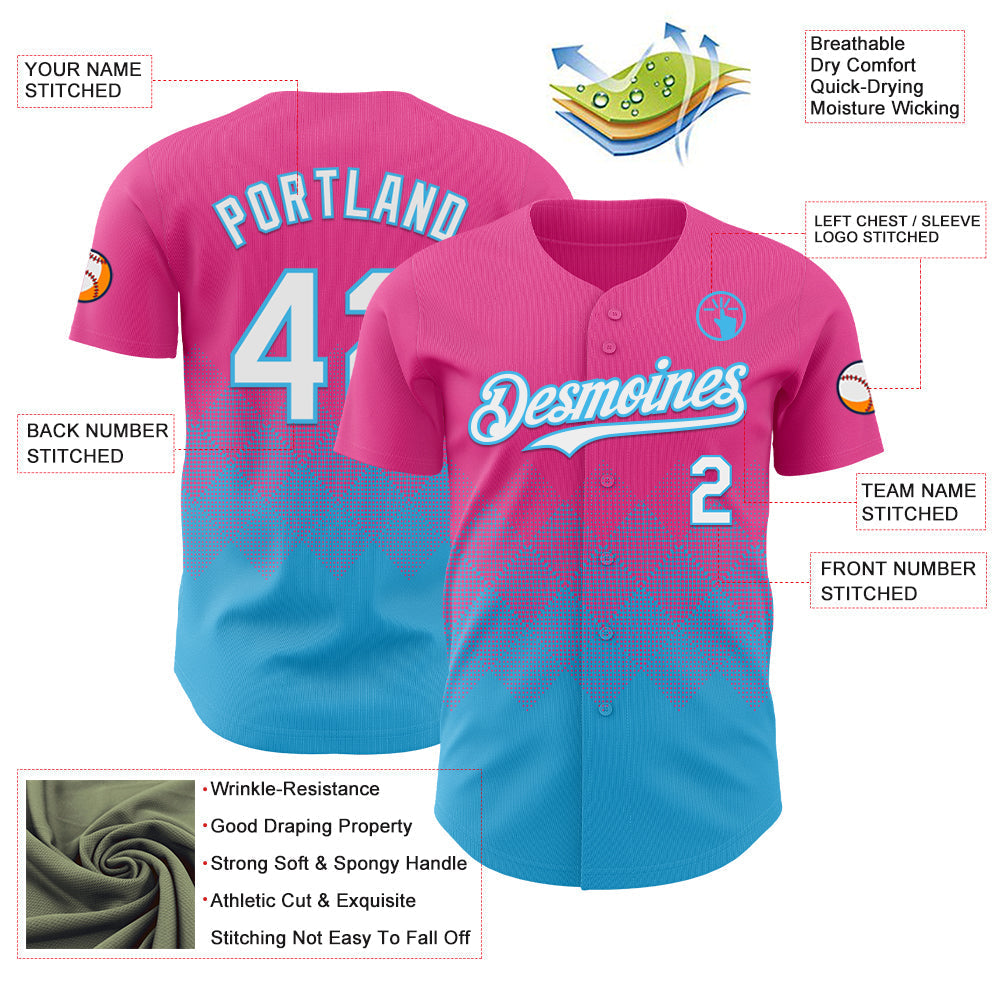 Custom Pink White-Sky Blue 3D Gradient Square Shape Authentic Baseball Jersey baseball jersey product view 3