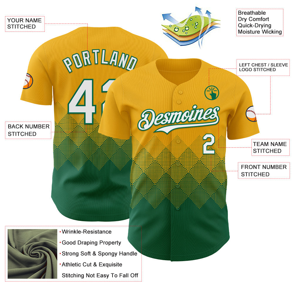 Custom Gold White-Kelly Green 3D Gradient Square Shape Authentic Baseball Jersey baseball jersey product view 3