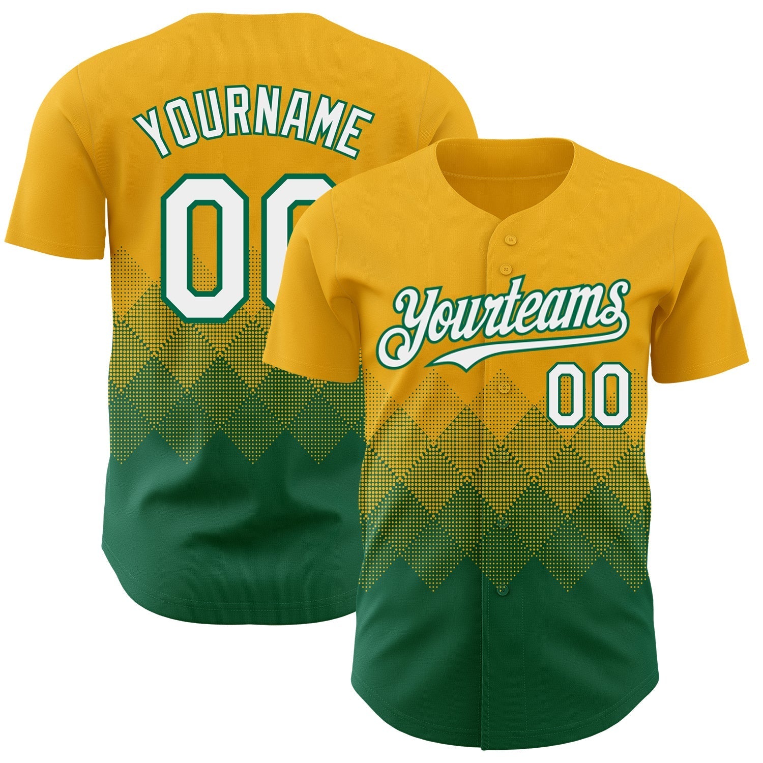 Custom Gold White-Kelly Green 3D Gradient Square Shape Authentic Baseball Jersey baseball jersey product view 1