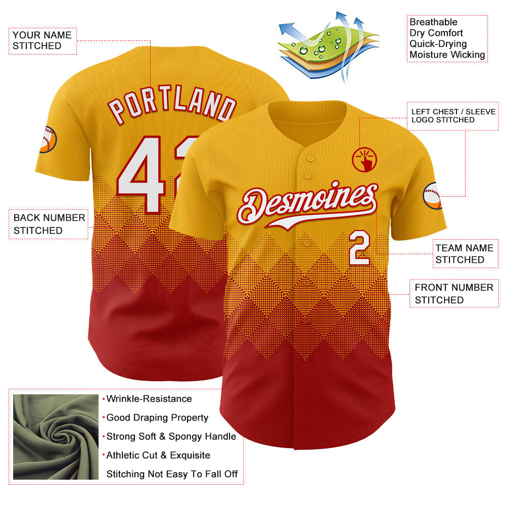 Custom Gold White-Red 3D Gradient Square Shape Authentic Baseball Jersey baseball jersey product view 3