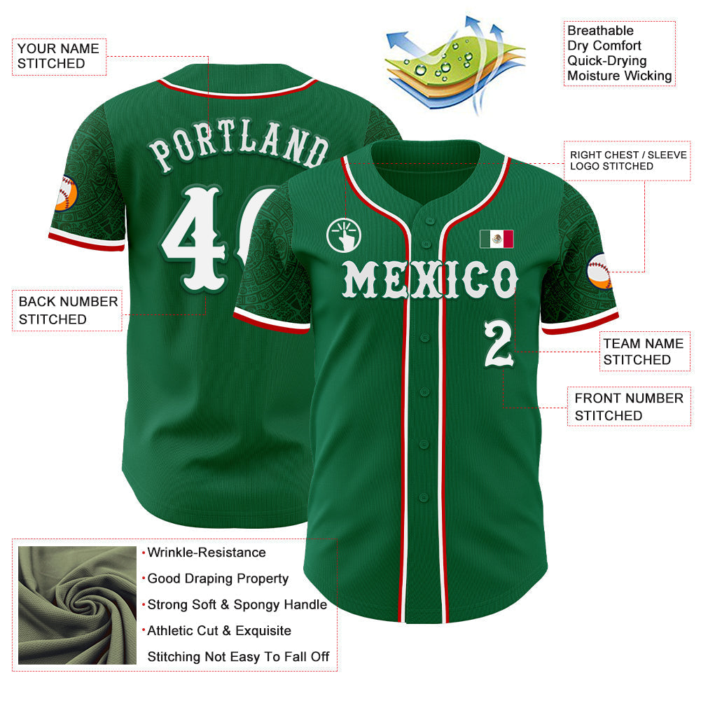 Custom Kelly Green White-Red 3D Mexico Mexican Flag Authentic Baseball Jersey baseball jersey product view 3