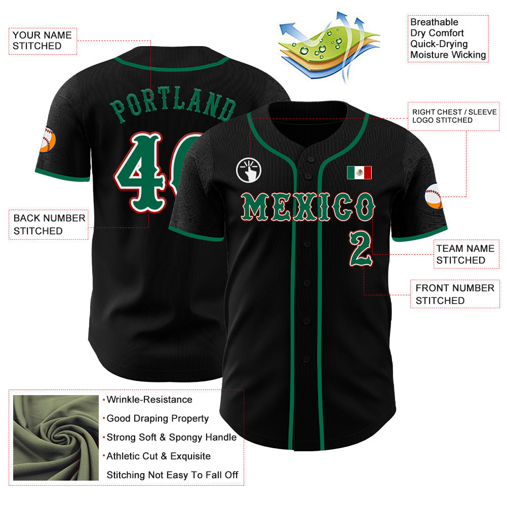 Custom Black Kelly Green White-Red 3D Mexico Mexican Flag Authentic Baseball Jersey baseball jersey product view 3
