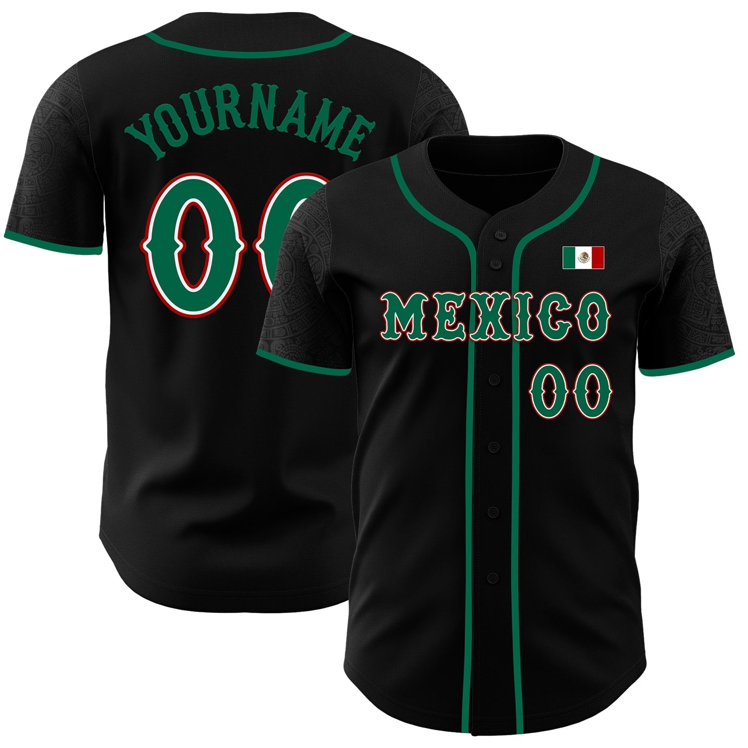 Custom Black Kelly Green White-Red 3D Mexico Mexican Flag Authentic Baseball Jersey baseball jersey product view 1