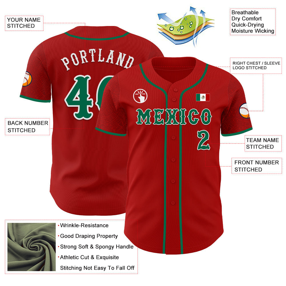 Custom Red Kelly Green-White 3D Mexico Mexican Flag Authentic Baseball Jersey baseball jersey product view 3