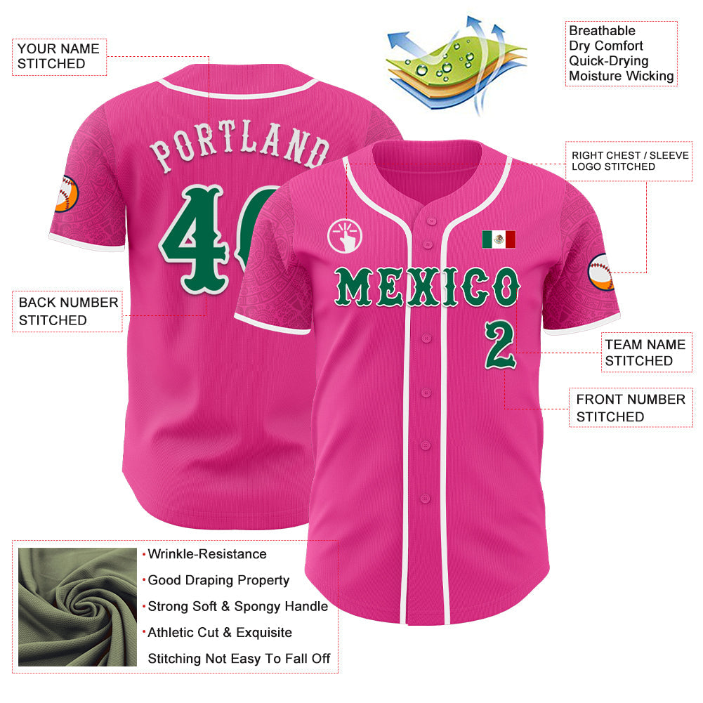 Custom Pink Kelly Green-White 3D Mexico Mexican Flag Authentic Baseball Jersey baseball jersey product view 3
