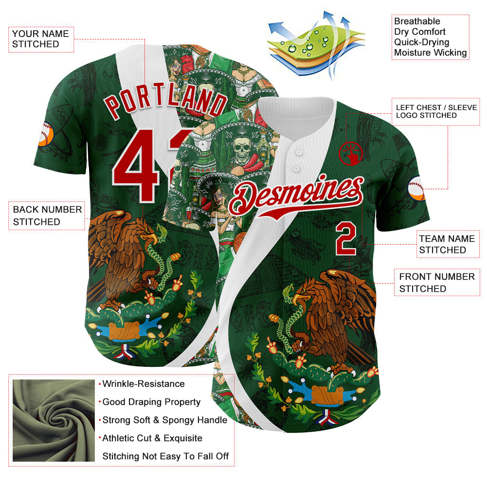 Custom Green Red Kelly Green-White 3D Mexico Authentic Baseball Jersey baseball jersey product view 3