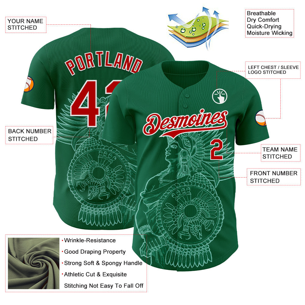Custom Kelly Green Red-White 3D Mexico Mexican Flag Authentic Baseball Jersey baseball jersey product view 3