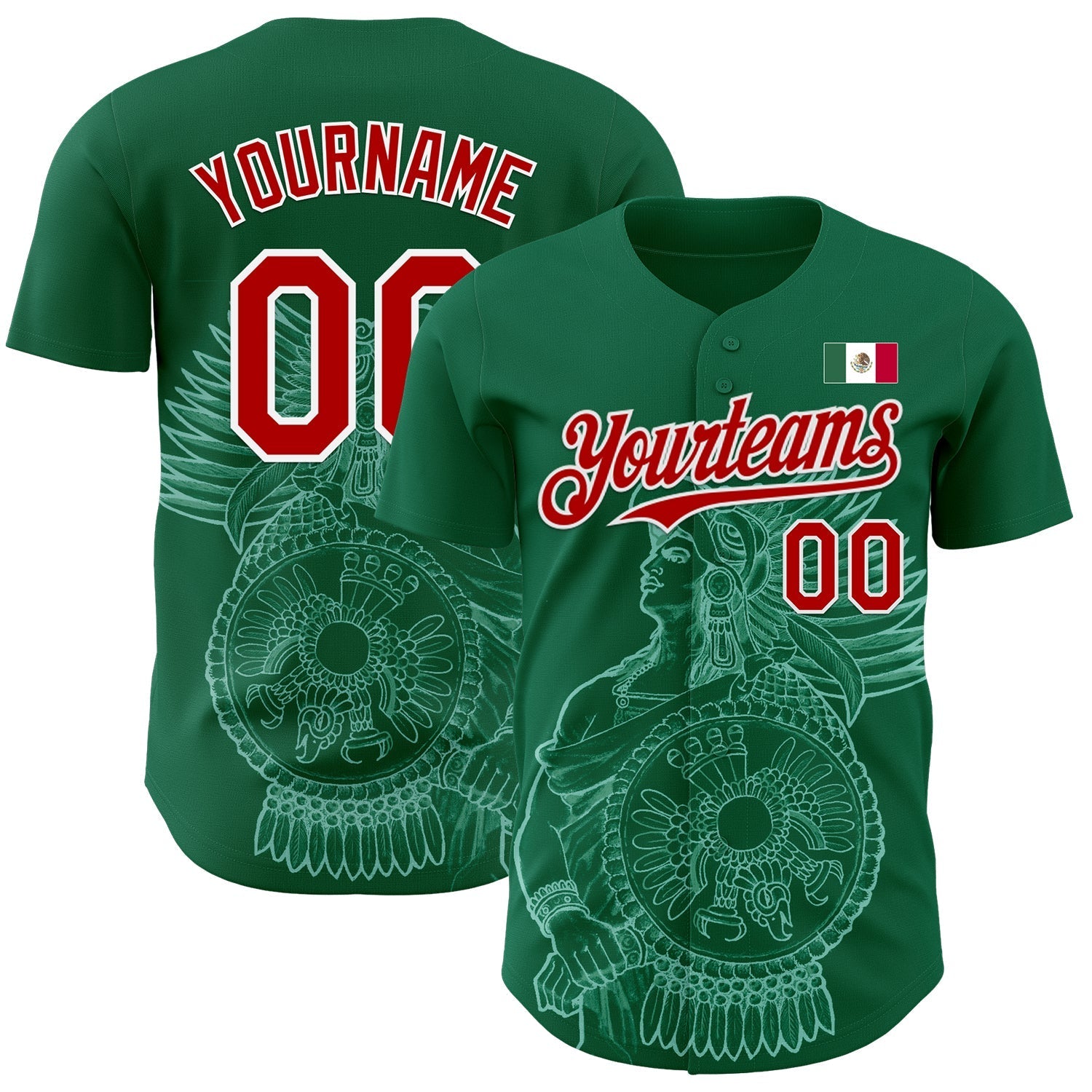 Custom Kelly Green Red-White 3D Mexico Mexican Flag Authentic Baseball Jersey baseball jersey product view 1