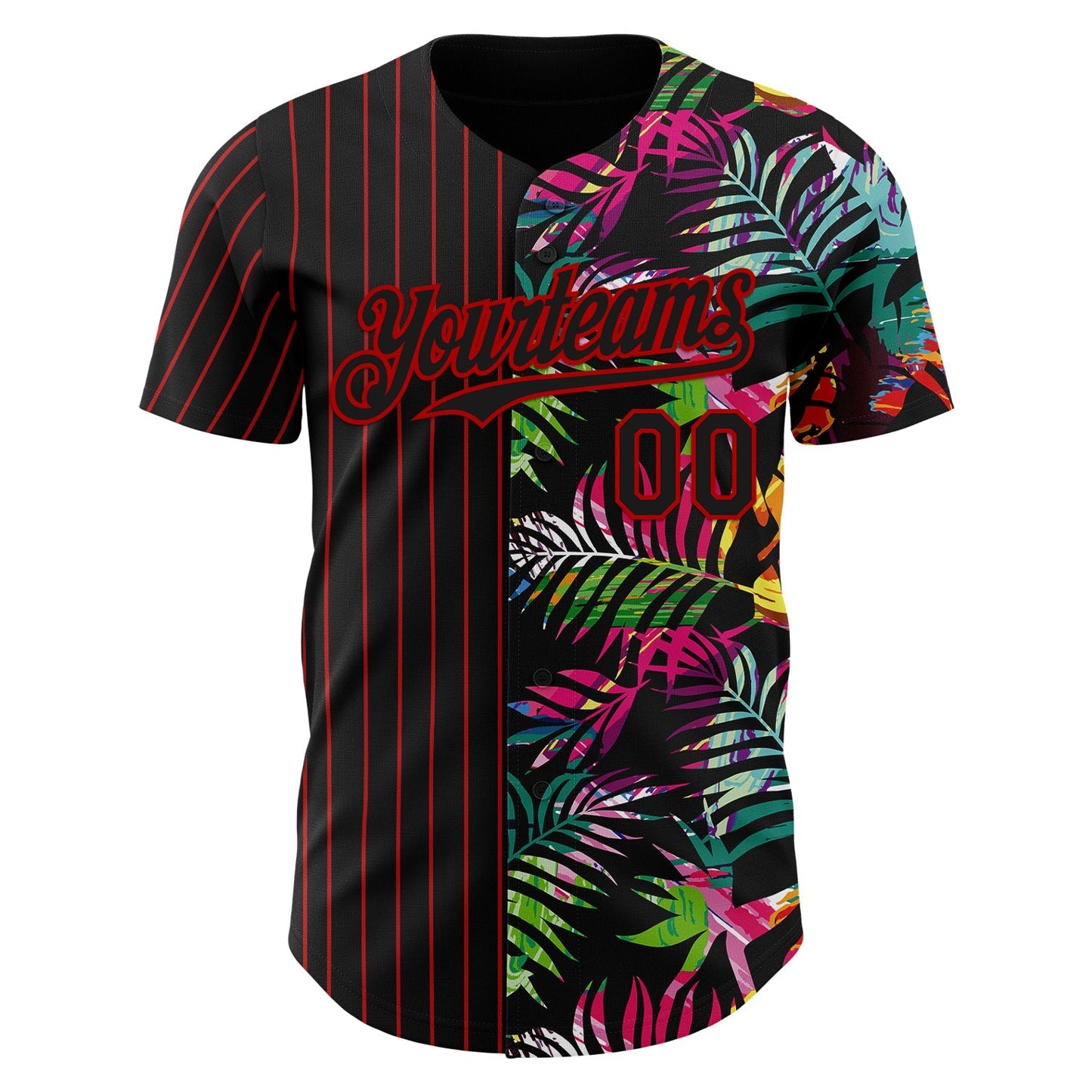 Custom Black Red 3D Pattern Design Pinstripe Tropical Palm Leaves Authentic Baseball Jersey baseball jersey product view 2