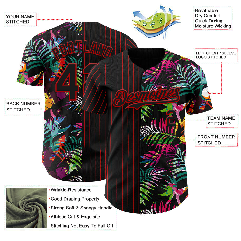 Custom Black Red 3D Pattern Design Pinstripe Tropical Palm Leaves Authentic Baseball Jersey baseball jersey product view 3