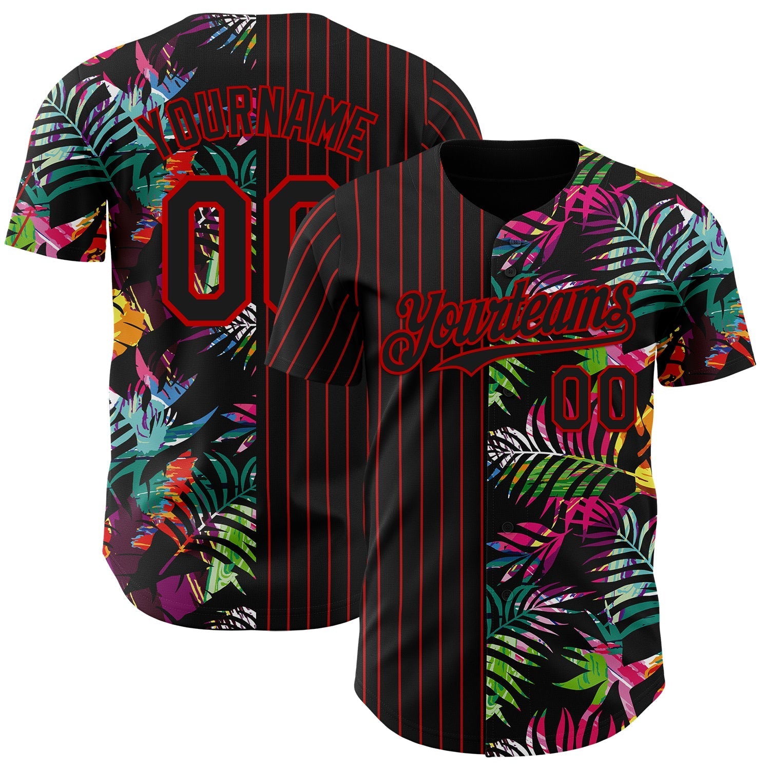 Custom Black Red 3D Pattern Design Pinstripe Tropical Palm Leaves Authentic Baseball Jersey baseball jersey product view 1