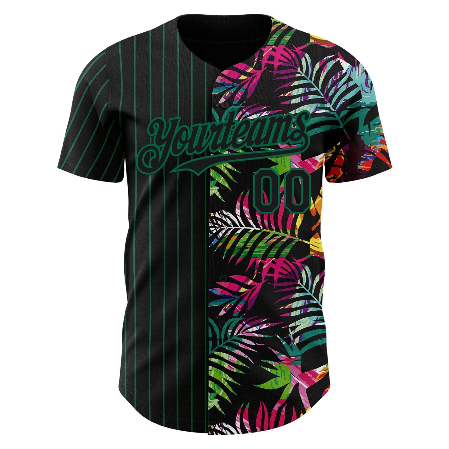 Custom Black Kelly Green 3D Pattern Design Pinstripe Tropical Palm Leaves Authentic Baseball Jersey baseball jersey product view 2