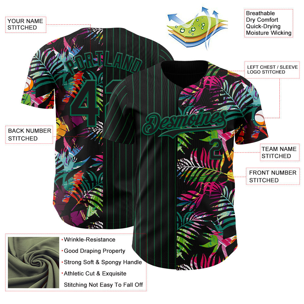 Custom Black Kelly Green 3D Pattern Design Pinstripe Tropical Palm Leaves Authentic Baseball Jersey baseball jersey product view 3