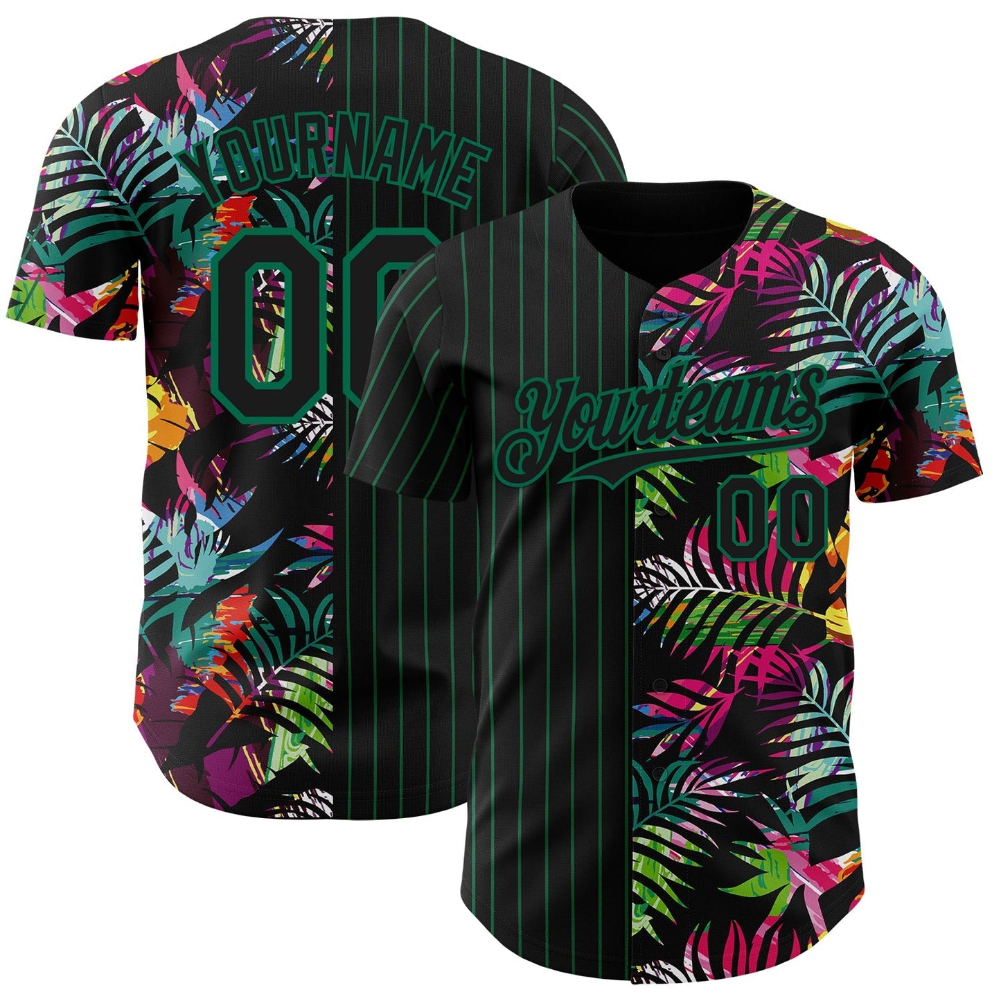 Custom Black Kelly Green 3D Pattern Design Pinstripe Tropical Palm Leaves Authentic Baseball Jersey baseball jersey product view 1