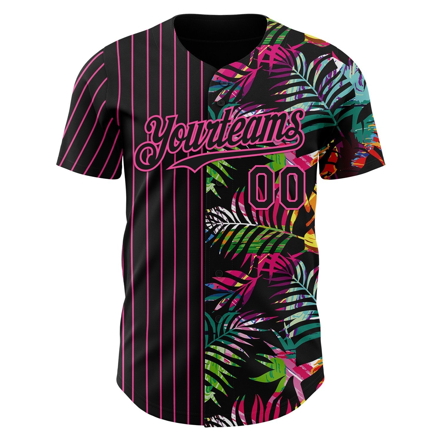 Custom Black Pink 3D Pattern Design Pinstripe Tropical Palm Leaves Authentic Baseball Jersey baseball jersey product view 2