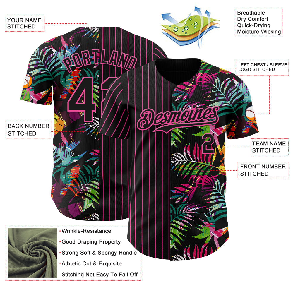 Custom Black Pink 3D Pattern Design Pinstripe Tropical Palm Leaves Authentic Baseball Jersey baseball jersey product view 3