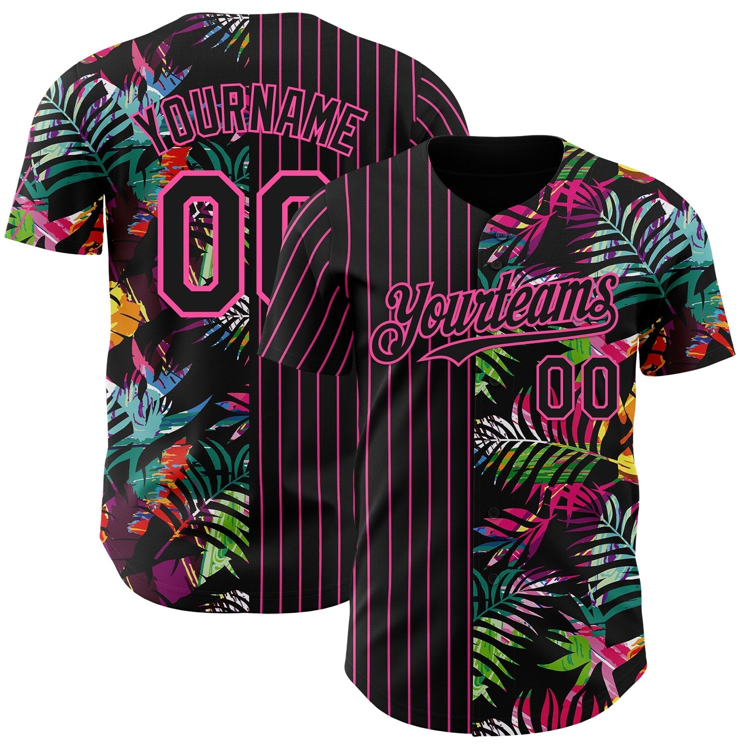 Custom Black Pink 3D Pattern Design Pinstripe Tropical Palm Leaves Authentic Baseball Jersey baseball jersey product view 1