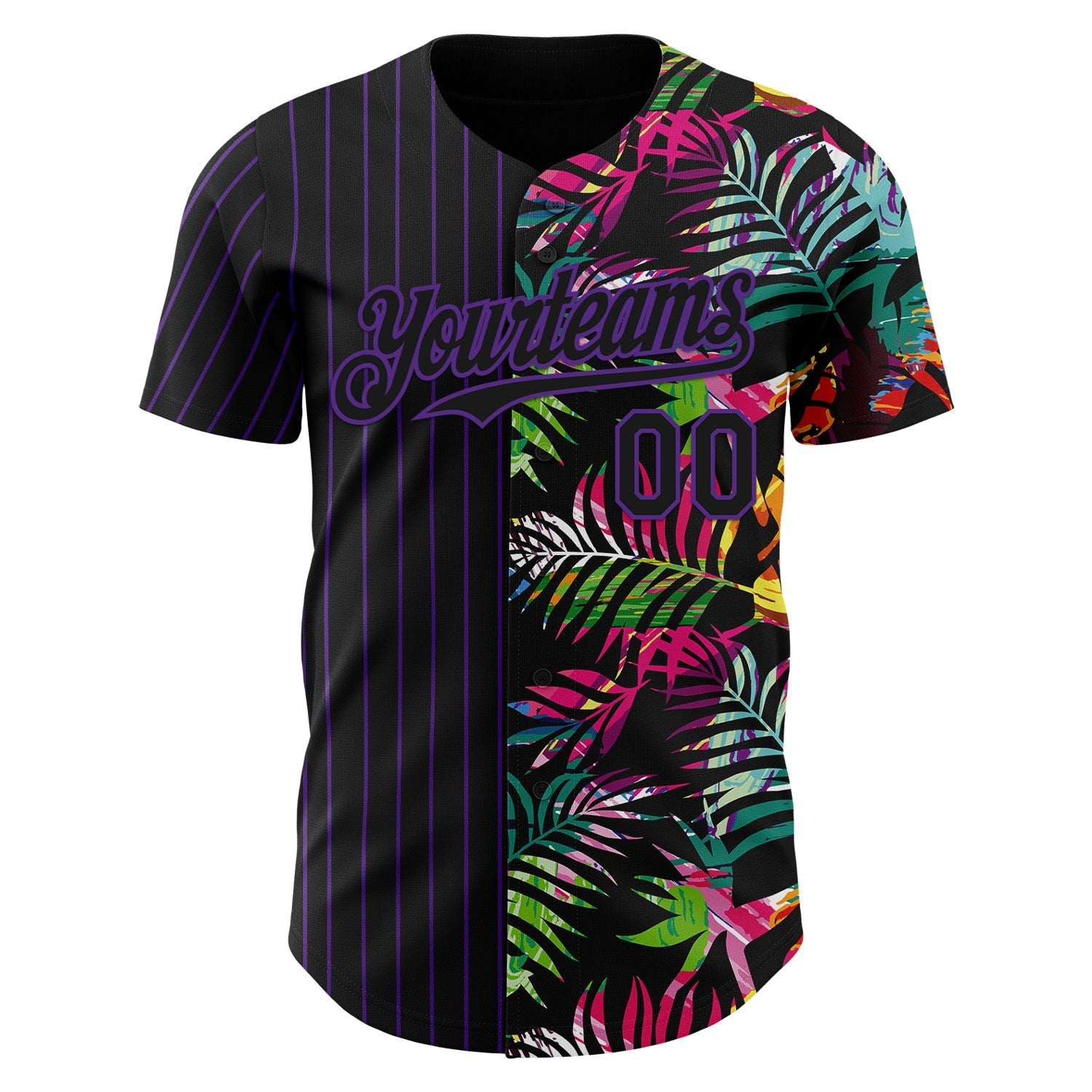Custom Black Purple 3D Pattern Design Pinstripe Tropical Palm Leaves Authentic Baseball Jersey baseball jersey product view 2