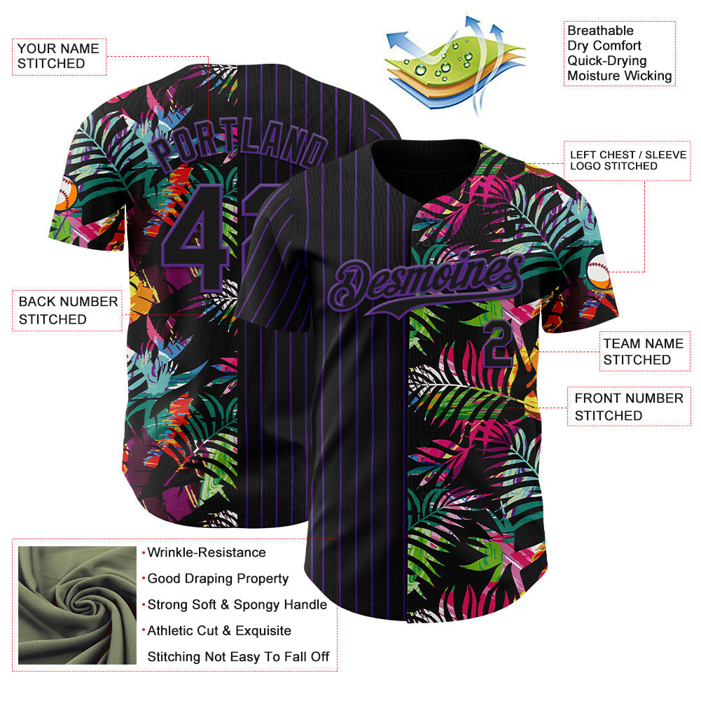 Custom Black Purple 3D Pattern Design Pinstripe Tropical Palm Leaves Authentic Baseball Jersey baseball jersey product view 3