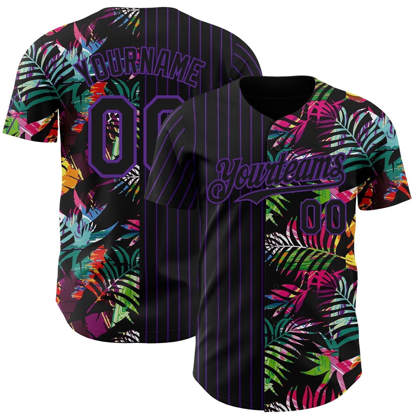 Custom Black Purple 3D Pattern Design Pinstripe Tropical Palm Leaves Authentic Baseball Jersey baseball jersey product view 1