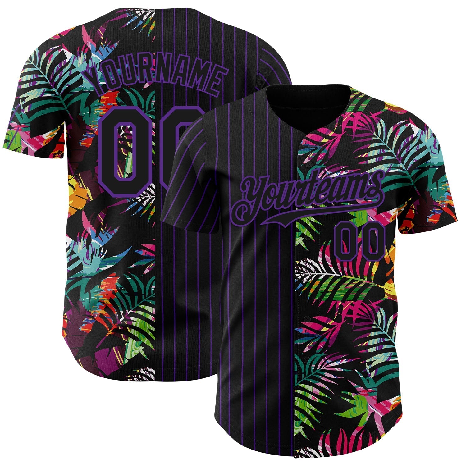 Custom Black Purple 3D Pattern Design Pinstripe Tropical Palm Leaves Authentic Baseball Jersey baseball jersey product view 1