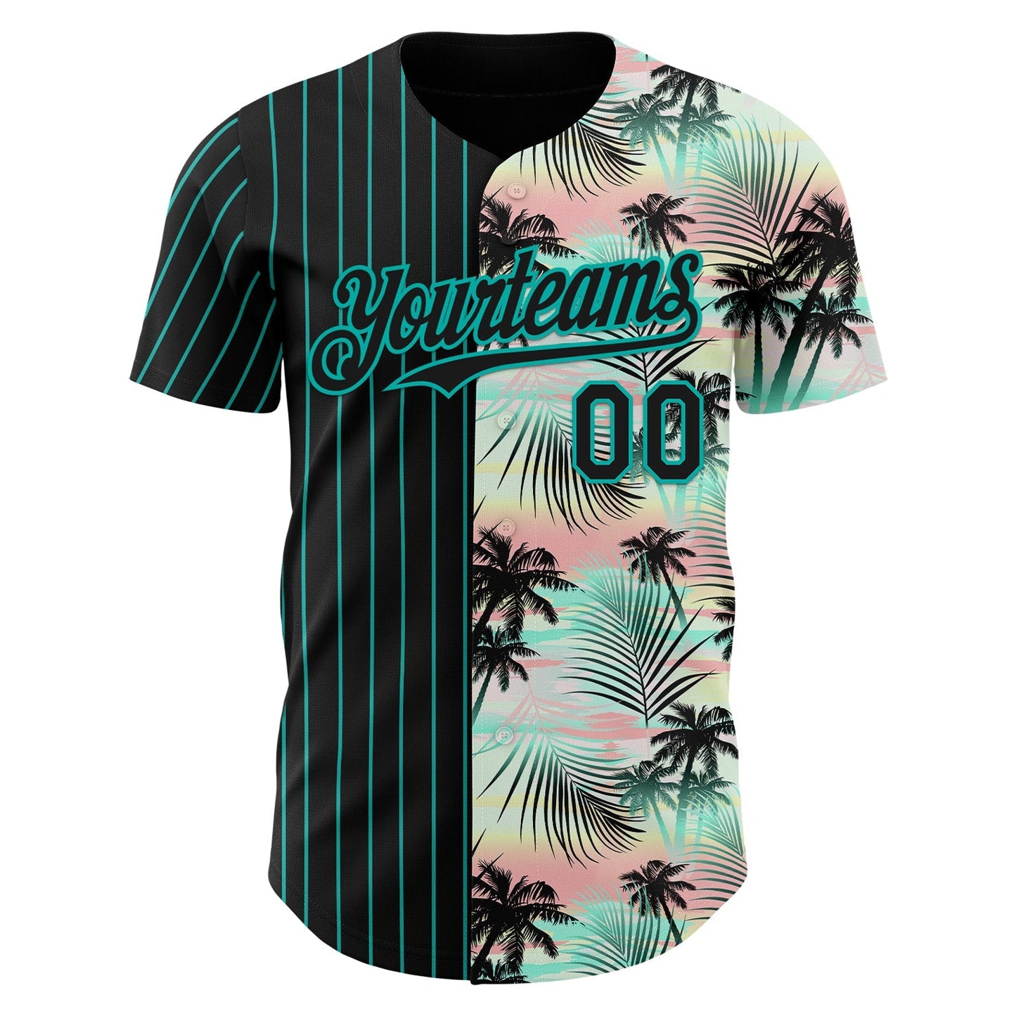 Custom Black Aqua 3D Pattern Design Pinstripe Tropical Palm Leaves Authentic Baseball Jersey baseball jersey product view 2