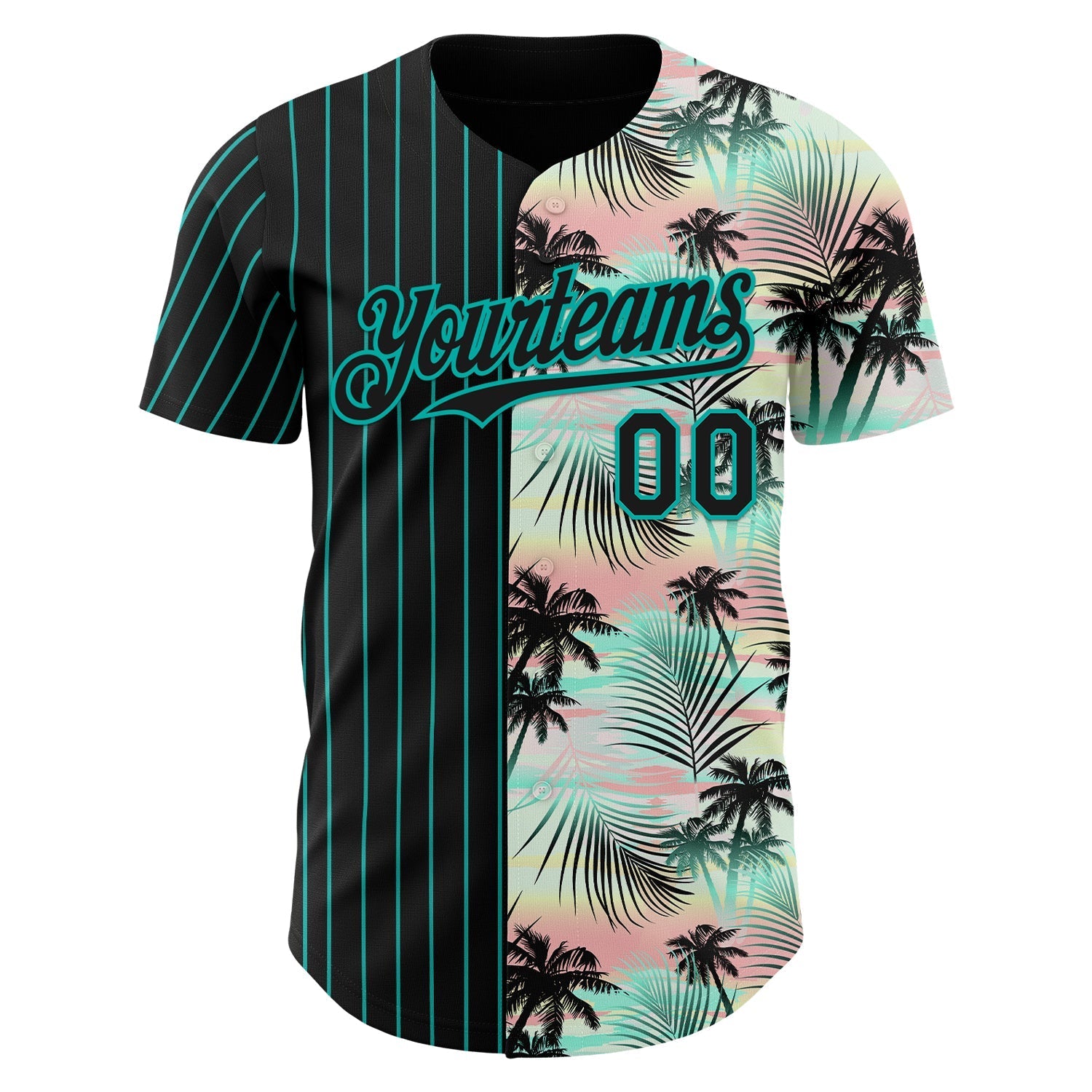 Custom Black Aqua 3D Pattern Design Pinstripe Tropical Palm Leaves Authentic Baseball Jersey baseball jersey product view 2