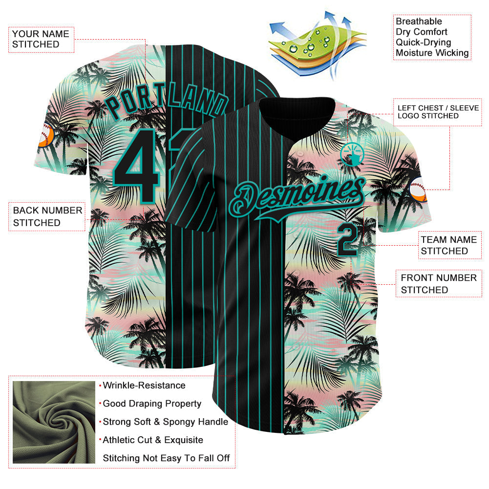 Custom Black Aqua 3D Pattern Design Pinstripe Tropical Palm Leaves Authentic Baseball Jersey baseball jersey product view 3
