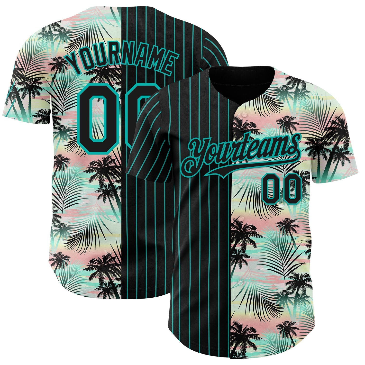 Custom Black Aqua 3D Pattern Design Pinstripe Tropical Palm Leaves Authentic Baseball Jersey baseball jersey product view 1