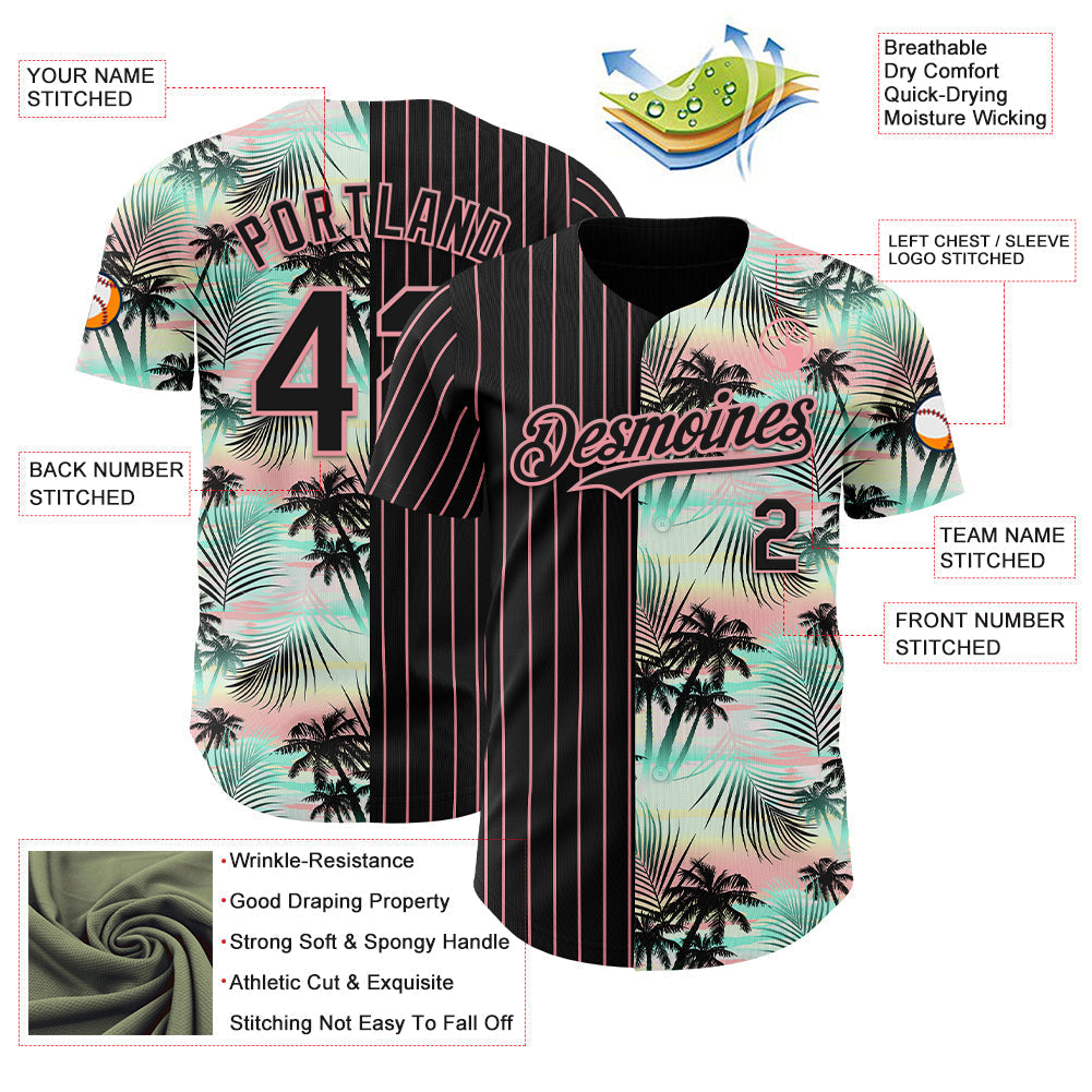Custom Black Medium Pink 3D Pattern Design Pinstripe Tropical Palm Leaves Authentic Baseball Jersey baseball jersey product view 3