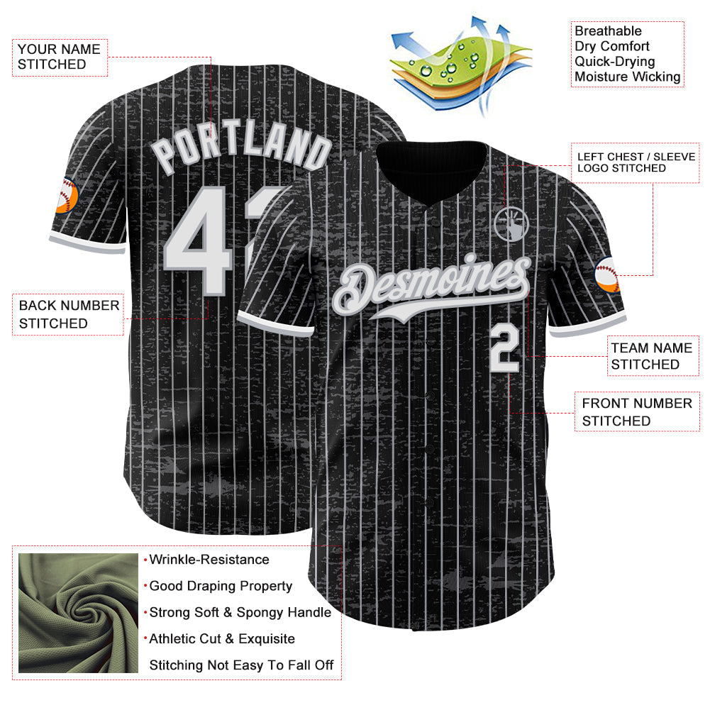Custom Black Gray Pinstripe White 3D Pattern Design Fragment Art Authentic Baseball Jersey baseball jersey product view 3