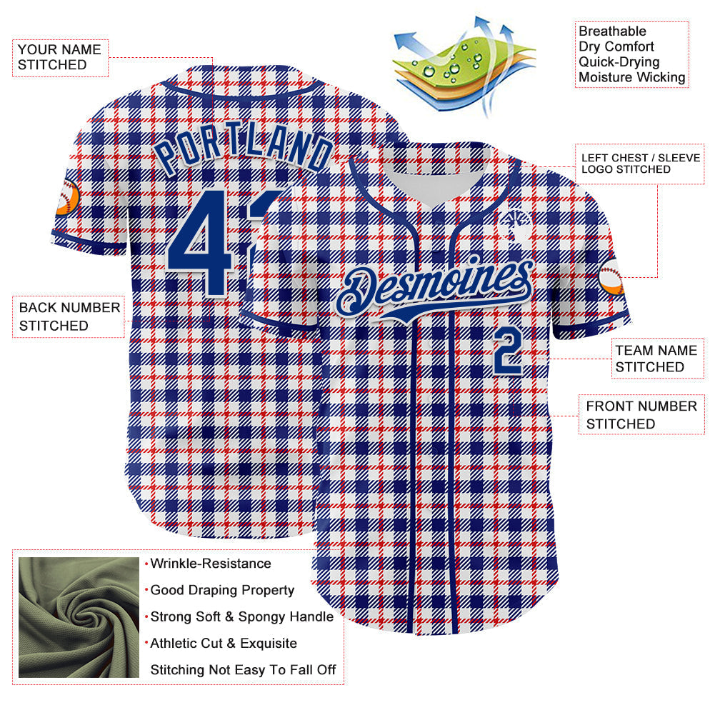 Custom White Royal-Red 3D Pattern Design Patriotic American Symbol Plaid Authentic Baseball Jersey baseball jersey product view 3