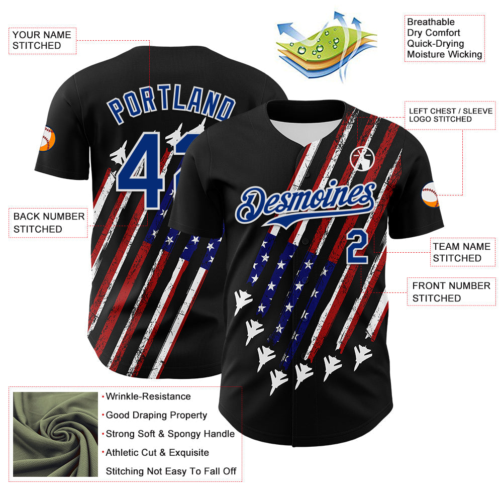 Custom Black Royal Red-White 3D Patriotic American Flag Authentic Baseball Jersey baseball jersey product view 3