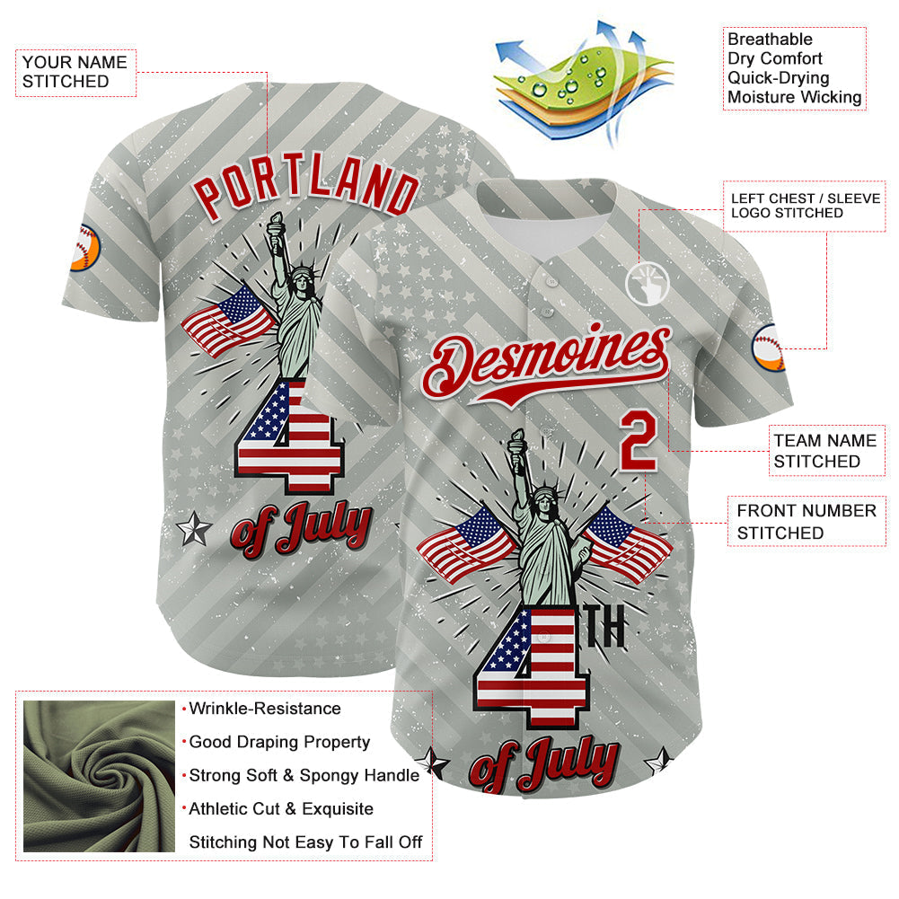 Custom Gray Red-White 3D Patriotic American Flag And Statue of Liberty Authentic Baseball Jersey baseball jersey product view 3