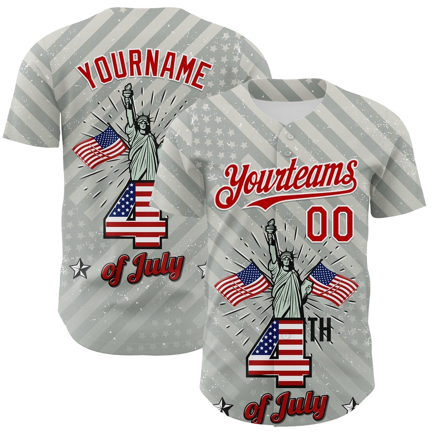 Custom Gray Red-White 3D Patriotic American Flag And Statue of Liberty Authentic Baseball Jersey baseball jersey product view 1