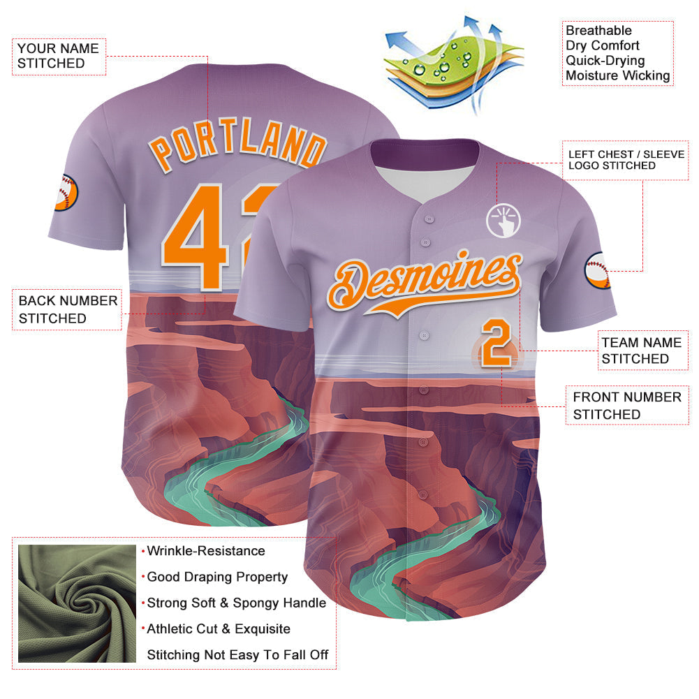 Custom Purple Bay Orange-White 3D Pattern Design Patriotic American Symbol Grand Canyon And Colorado River Authentic Baseball Jersey baseball jersey product view 3