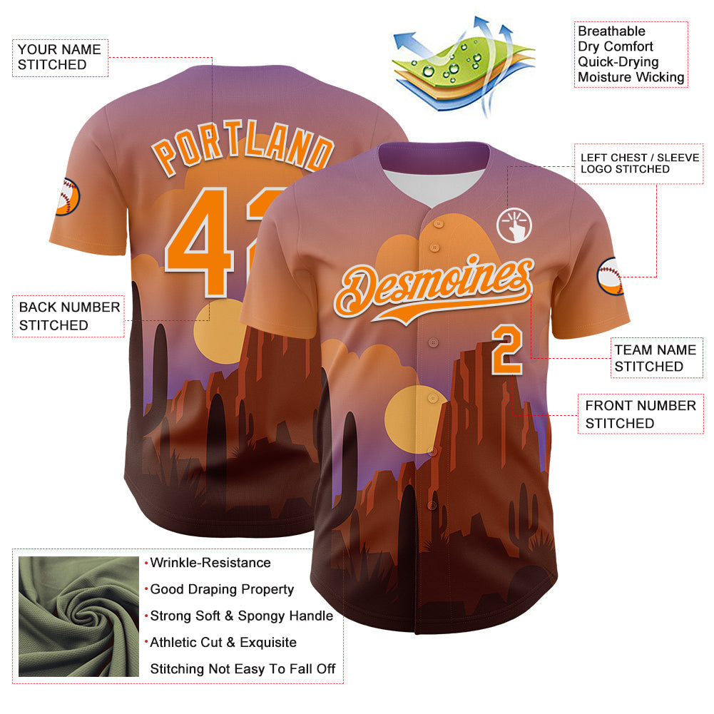 Custom Purple Bay Orange-White 3D Pattern Design Patriotic American Symbol Desert Authentic Baseball Jersey baseball jersey product view 3