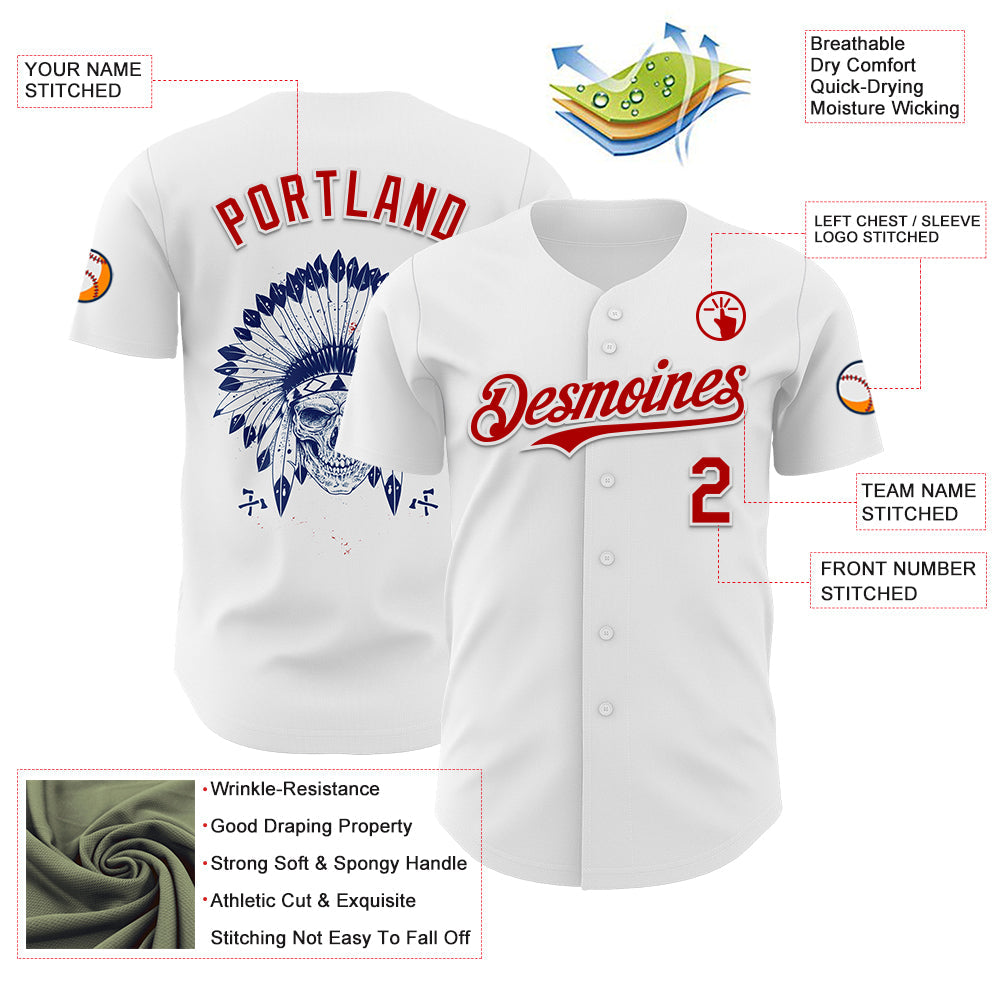 Custom White Red 3D Native American Skull Authentic Baseball Jersey baseball jersey product view 3