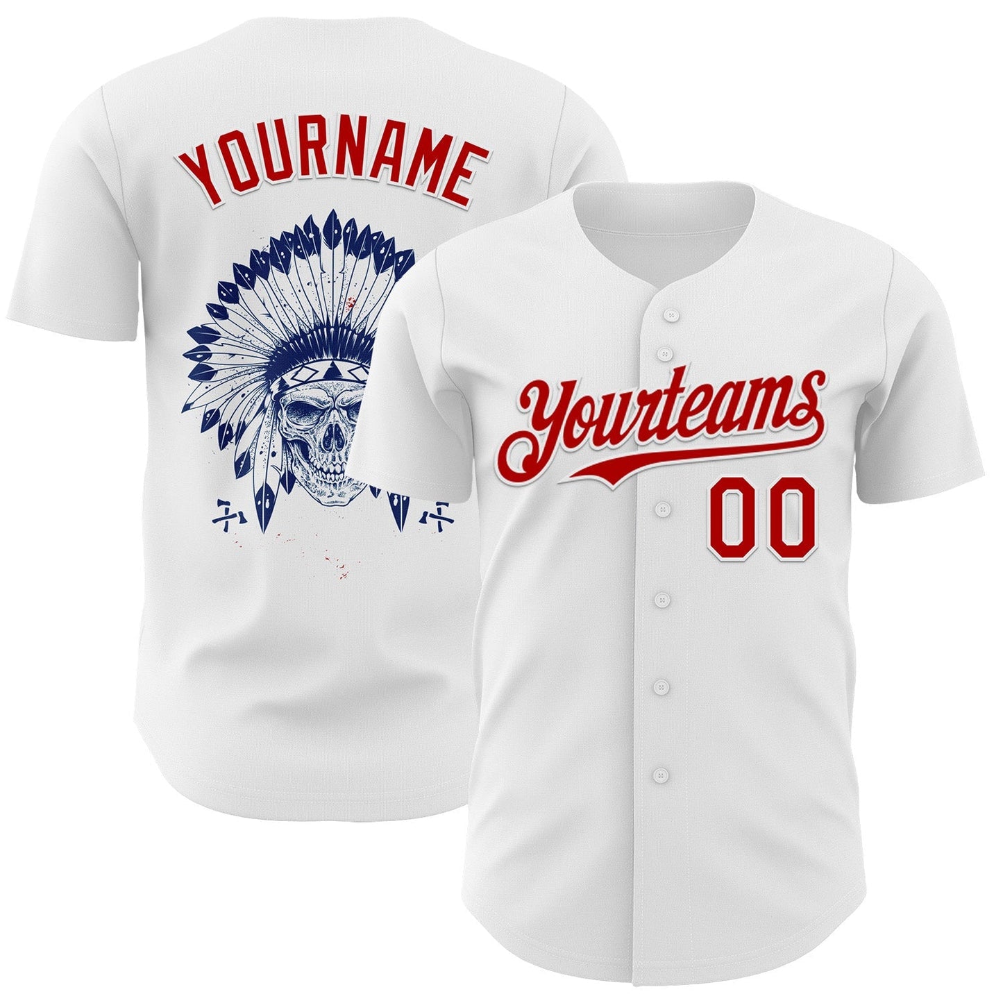 Custom White Red 3D Native American Skull Authentic Baseball Jersey baseball jersey product view 1