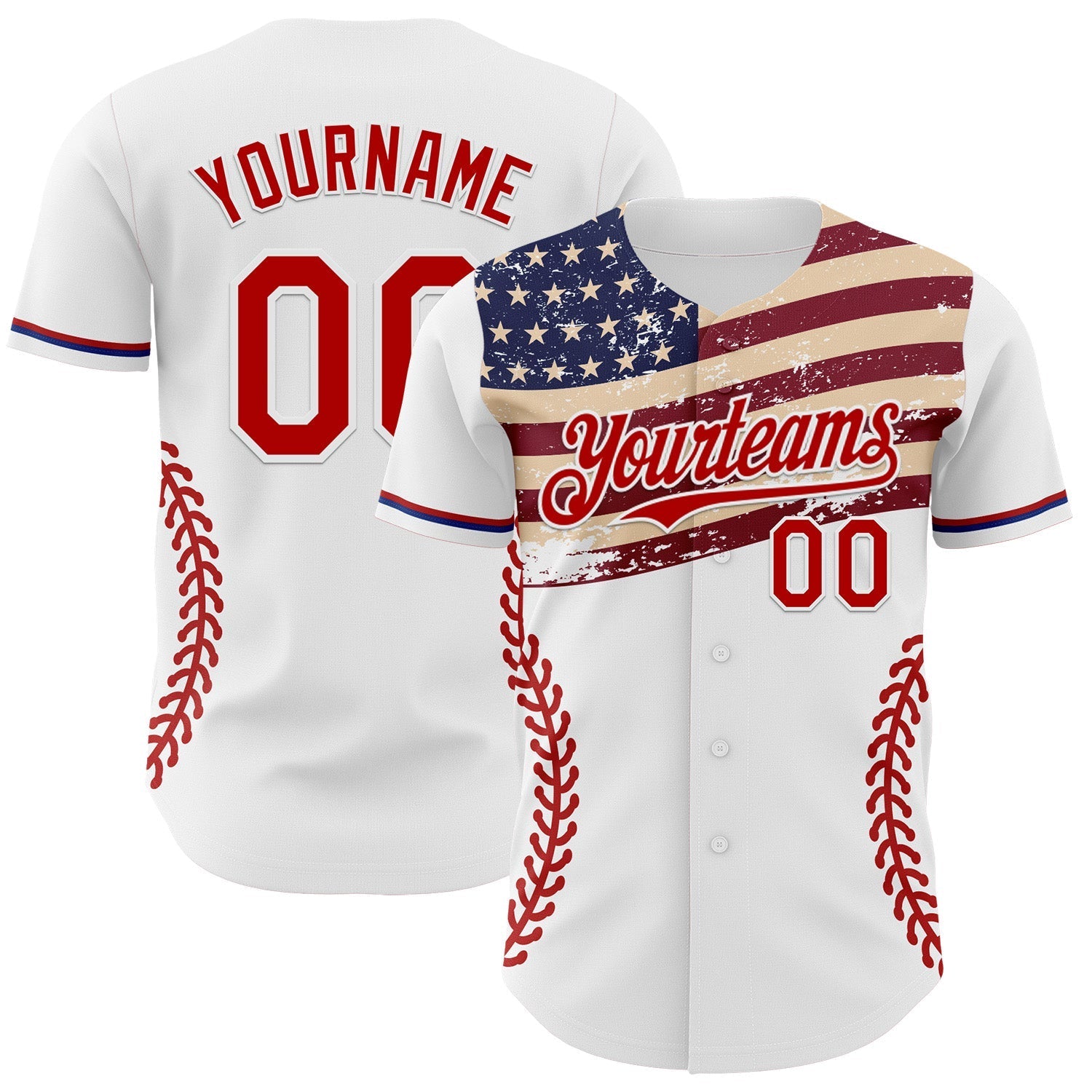 Custom White Red-Royal 3D Patriotic American Flag Authentic Baseball Jersey baseball jersey product view 1