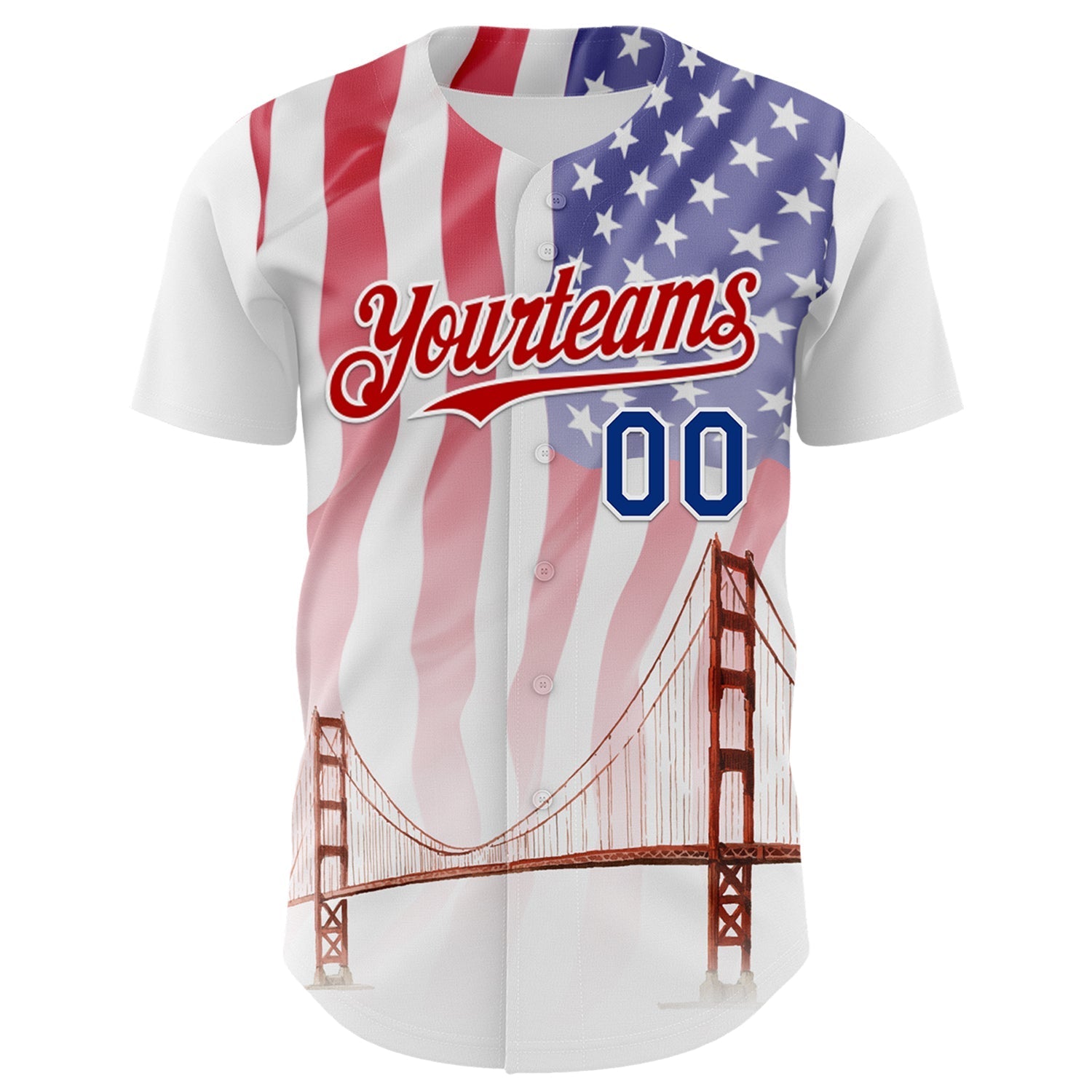 Custom White Royal-Red 3D Patriotic American Flag And Golden Gate Bridge Authentic Baseball Jersey baseball jersey product view 2
