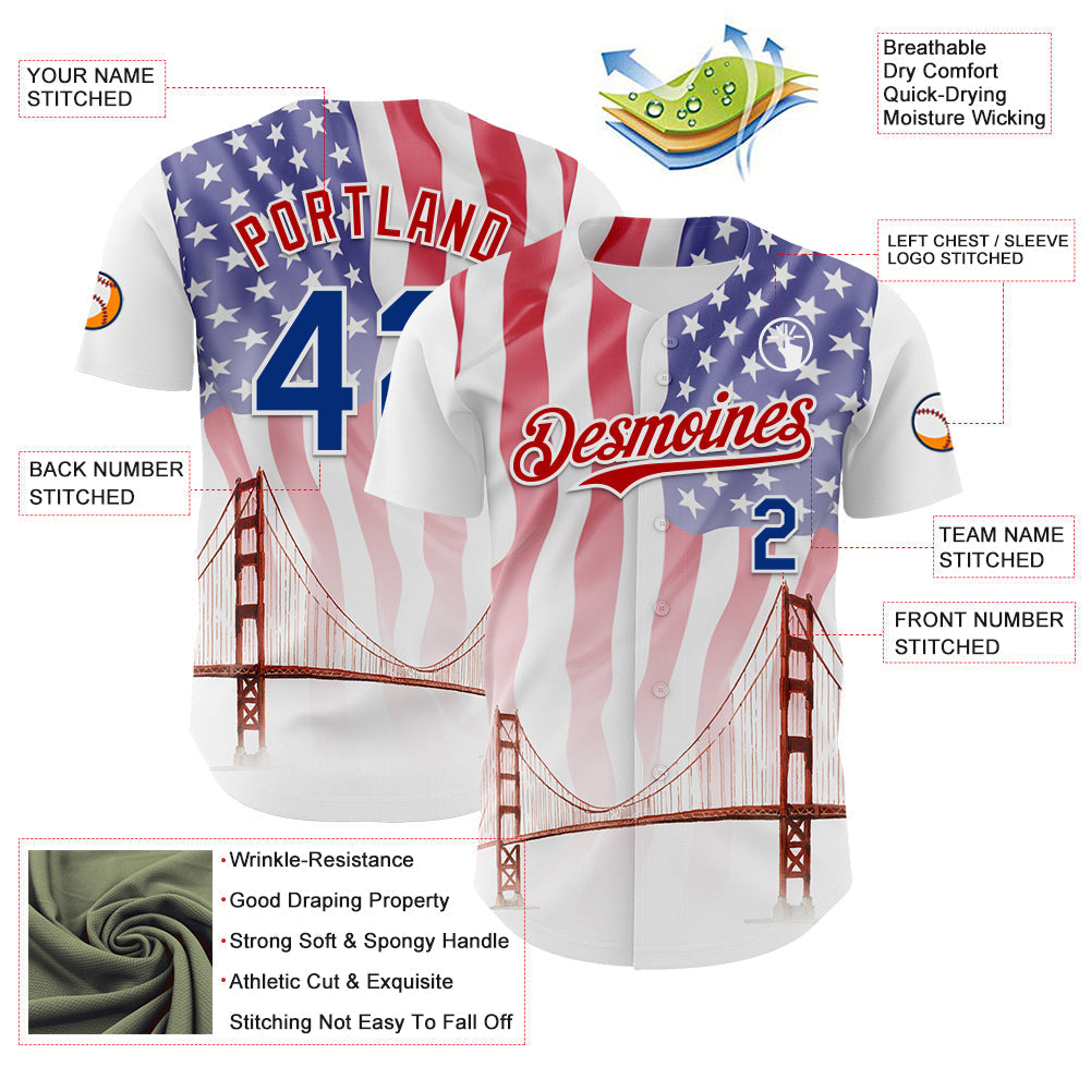 Custom White Royal-Red 3D Patriotic American Flag And Golden Gate Bridge Authentic Baseball Jersey baseball jersey product view 3